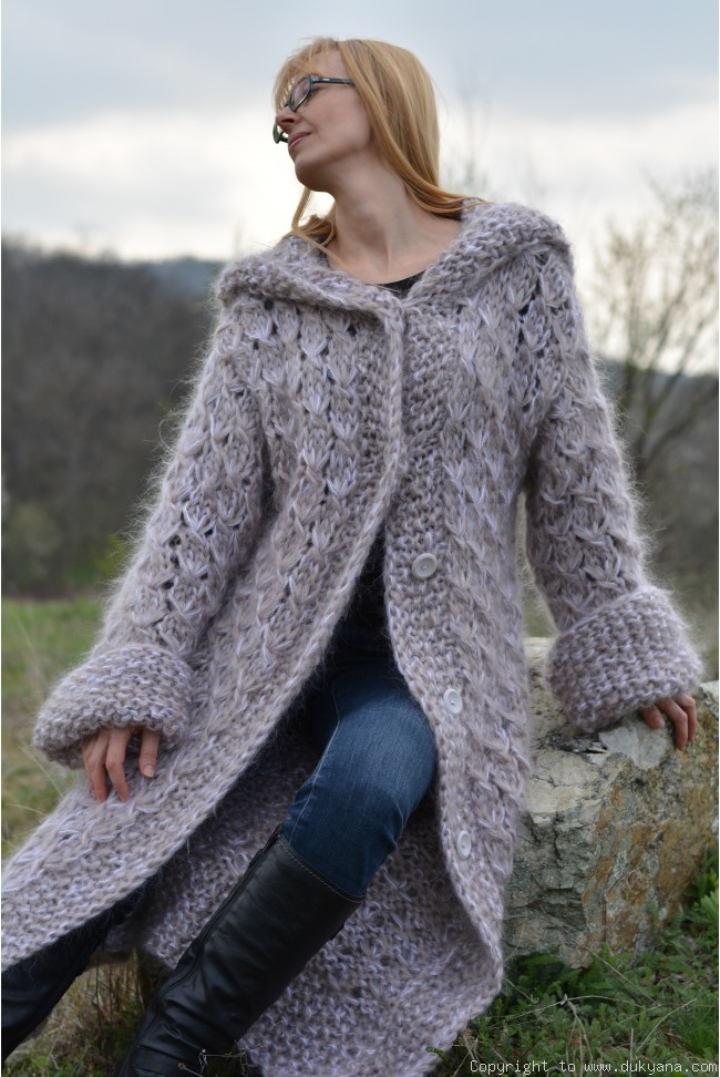 Hand knitted chunky mohair hooded cardigan CA50